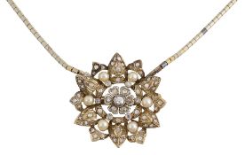 A diamond-set and cultured pearl brooch/pendant