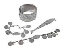 A Victorian style silver cuff hinged bangle, an articulated fish pendant etc.