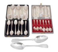 A pair of late George III silver fiddle pattern tablespoons and set of spoons