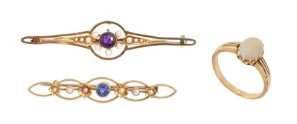 Two cased Edwardian brooches and opal ring