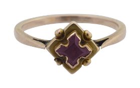 An early/mid Victorian 'Gothic' garnet and yellow gold ring