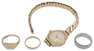 A 9ct gold lady's watch and wedding bands etc
