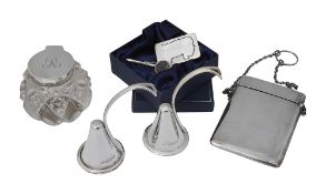 A pair of Elizabeth II silver snuffers and three silver items