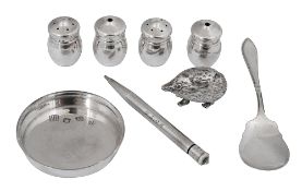 An Edwardian novelty silver hedgehog pin cushion and other items