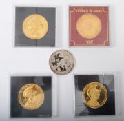 FIVE VINTAGE SILVER & 24CT GOLD FLASH COMMEMORATIVE COINS