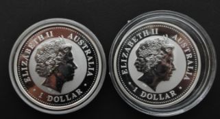 AUSTRALIA. TWO 1OZ 999 SILVER KOOKABURRA $1 DOLLAR COINS