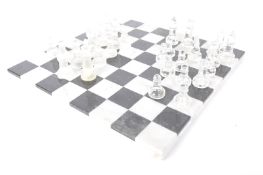 VINTAGE MARBLE & SLATE CHESS BOARD T/W GLASS CHESS PIECES