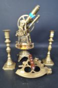 COLLECTION OF BRASS THEODOLITE CANDLESTICKS & SEXTANT