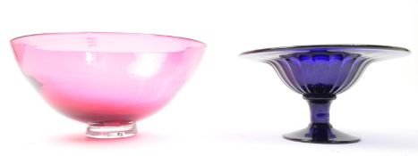 TWO VINTAGE BRISTOL BLUE GLASS VASES BOWLS