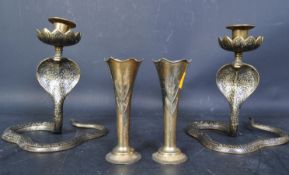 PAIR OF PERSIAN NIELLO CANDLESTICKS & NOUVEAU BUD VASES