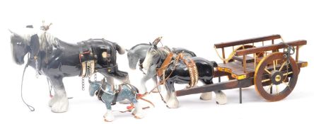COLLECTION OF PORCELAIN SHIRE HORSES WITH WOODEN CART