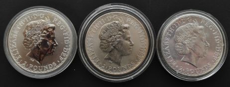 UNITED KINGDOM. THREE 1OZ 999 SILVER £2 BRITANNIA BULLIONS COINS