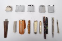 COLLECTION OF FOUNTAIN PENS - LIGHTERS - FRUIT KNIVES