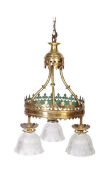 LATE VICTORIAN BRASS & GLASS CHANDELIER LIGHT