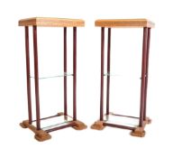 PAIR MID CENTURY OAK & METAL PLANT / BUST STANDS