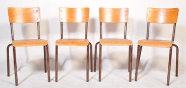 4 20TH CENTURY INDUSTRIAL PANEL WOOD & METAL DINING CHAIRS