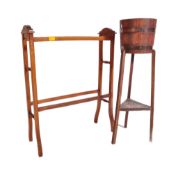 VICTORIAN MAHOGANY TOWEL RAIL WITH OAK BARREL PLANTER