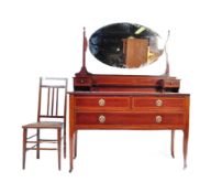 EDWARDIAN MAHOGANY INLAID DRESSING TABLE CHEST & CHAIRS
