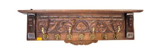 VICTORIAN 19TH CENTURY CARVED OAK & BRASS COAT RACK