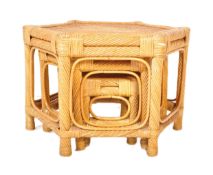 RETRO VINTAGE WICKER BAMBOO HEXAGONAL NEST OF THREE GRADUATING TABLES