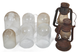 TWO GAS LANTERNS & COLLECTION OF GLASS CLOCK DOMES