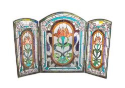 ART NOUVEAU STYLE STAINED GLASS TRIPTYCH FIRE SCEEN