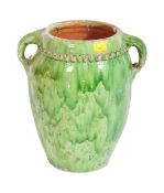 19TH CENTURY DRIP GLAZED TWIN HANDLED POTTERY VASE