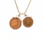 HALLMARKED 9CT GOLD NECKLACE WITH HALF SOVEREIGN & 1/10 KRUGERRAND