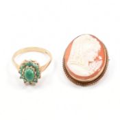 HALLMARKED 9CT GOLD CAMEO BROOCH & CLUSTER RING