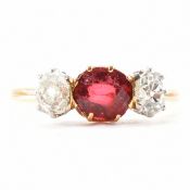 FRENCH HALLMARKED 18CT GOLD DIAMOND & RUBY THREE STONE RING