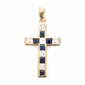 HALLMARKED 9CT GOLD BLUE & WHITE STONE CROSS PENDANT