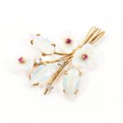 HALLMARKED 18CT GOLD OPAL RUBY & DIAMOND FLORAL SPRAY BROOCH
