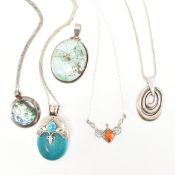 COLLECTION OF SILVER & WHITE METAL PENDANT NECKLACES.