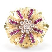 VINTAGE MID CENTURY DIAMOND & RUBY FLOWER RING