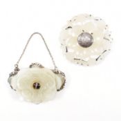 TWO CARVED JADE & SILVER BROOCH PINS