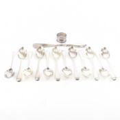 ASSORTMENT OF SILVERWARE INCLUDING SPOONS NAPKIN RING AND SHOE HORN