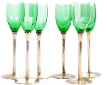 SET OF SIX GREEN GLASS AND SILVER GLASSES