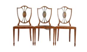 SET OF THREE PAINTED FAUX SATINWOOD SHIELD BACK CHAIRS