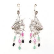 PAIR OF 925 SILVER MARCASITE RUBY EMERALD & SAPPHIRE DROP EARRINGS