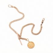 ANTIQUE 9CT GOLD ALBERT POCKET WATCH CHAIN & HALF SOVEREIGN