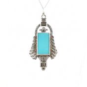 ART DECO SILVER BLUE STONE & MARCASITE PENDANT NECKLACE