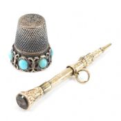 VICTORIAN SILVER & TURQUOISE THIMBLE & GOLD PLATED PEN