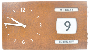 MID CENTURY OAK PLYWOOD HANGING CLOCK AND CALENDAR