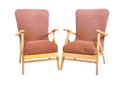 MATCHING PAIR OF VINTAGE OAK FRAMED ARMCHAIRS
