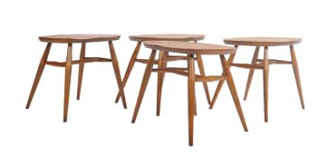 ERCOL - SET OF FOUR BEECH AND ELM CONVERTED STOOLS