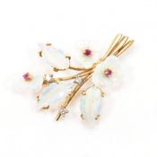 HALLMARKED 18CT GOLD OPAL RUBY & DIAMOND FLORAL SPRAY BROOCH