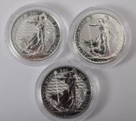 THREE UK QUEEN ELIZABETH II 1OZ 999 SILVER BRITANNIA £2 COINS