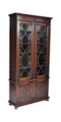 1920S OAK LEADED GLASS LIBRARY BOOKCASE CABINET