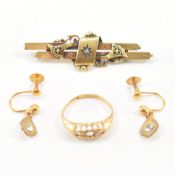 GROUP OF ANTIQUE GOLD JEWELLERY - BROOCH, RING, EARRINGS