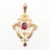 9CT GOLD GARNET & SEED PEARL ART NOUVEAU NECKLACE PENDANT
